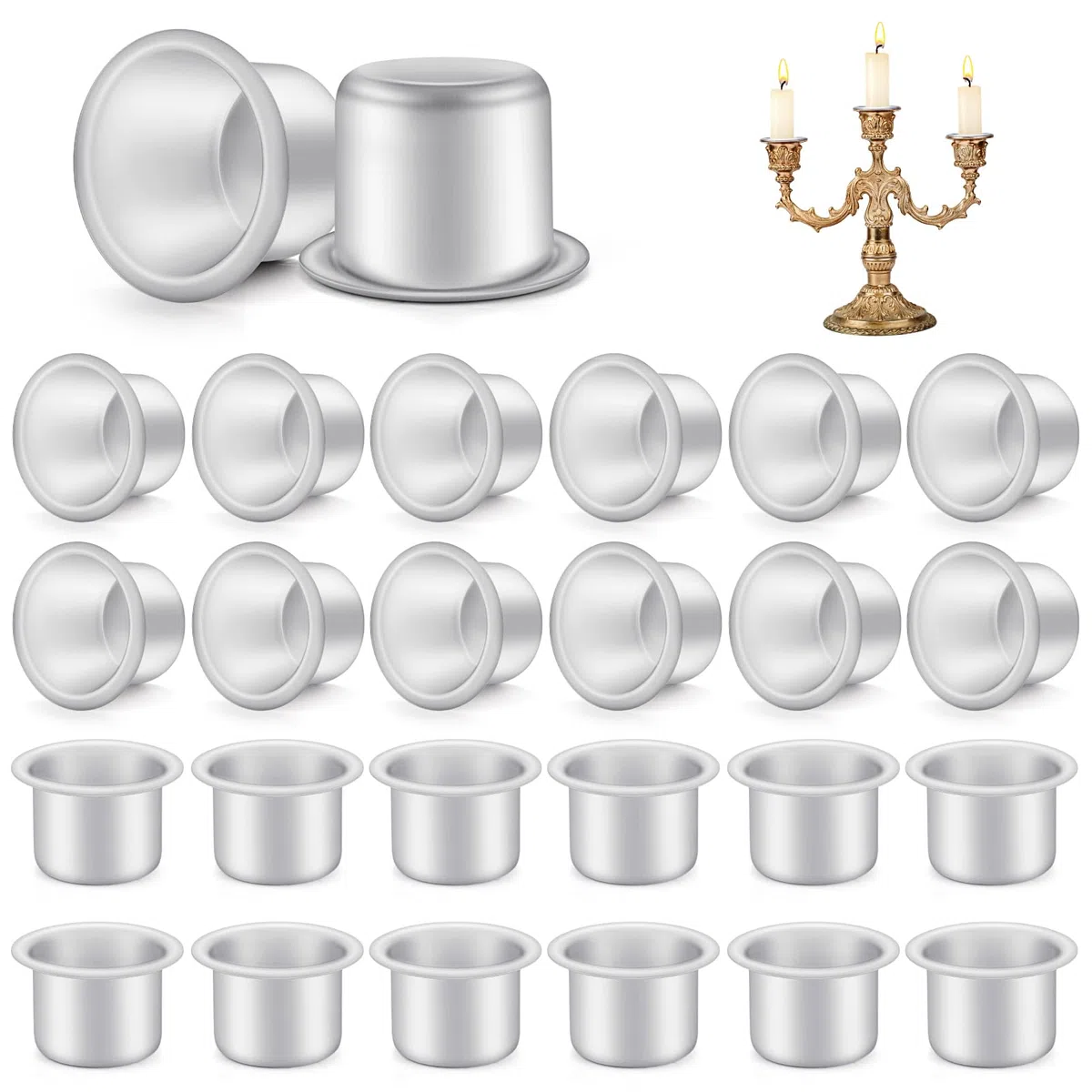 24 Pezzi Candele Portacandele in Metallo, Mini Alluminio Candelabro Decorazione Inserti per Candele, Candelabri Natalizi Inserto Portacandele per Candele da Tavola, Candele ad Albero DIY