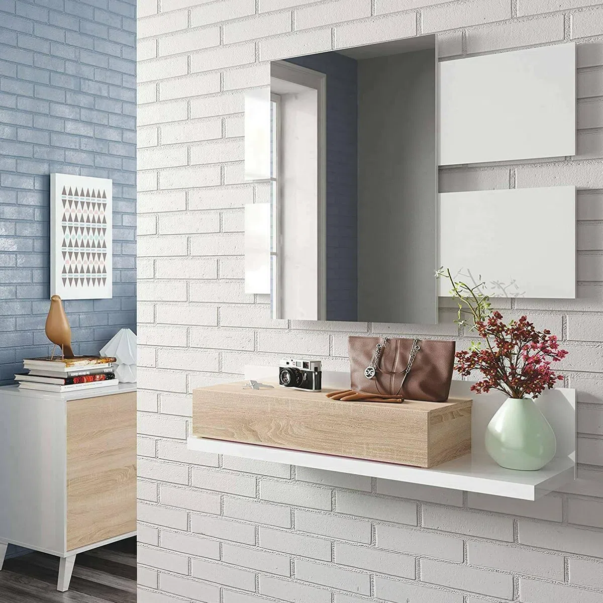 Dmora Mobile da Ingresso con cassetto e Specchio, Colore Noce e Bianco Lucido, cm 75 x 90 x 29