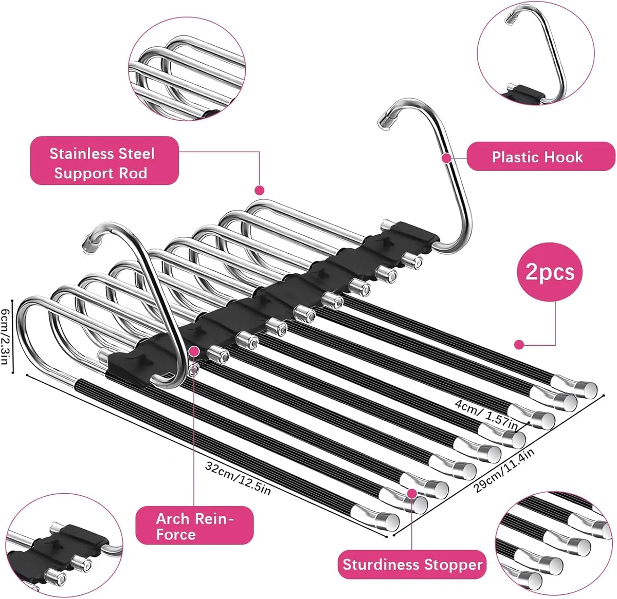 2 Pezzi Grucce Salvaspazio 9 in 1 per Pantaloni, Acciaio Inossidabile Grucce Pantaloni, Antiscivolo Appendiabiti, Pieghevoli Antiscivolo Multiuso, Ognuno Può Contenere 9 Pezzi (Nero)