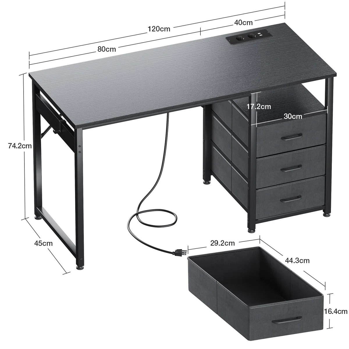 ODK Scrivania con 3 Cassetti, 120x48x75,5 cm Scrivania per Ufficio con 2 Prese di Corrente e Prese USB, Scrivanie PC Reversibili Scrittoio Scrivanie per Computer Domestico, bureau, Nero