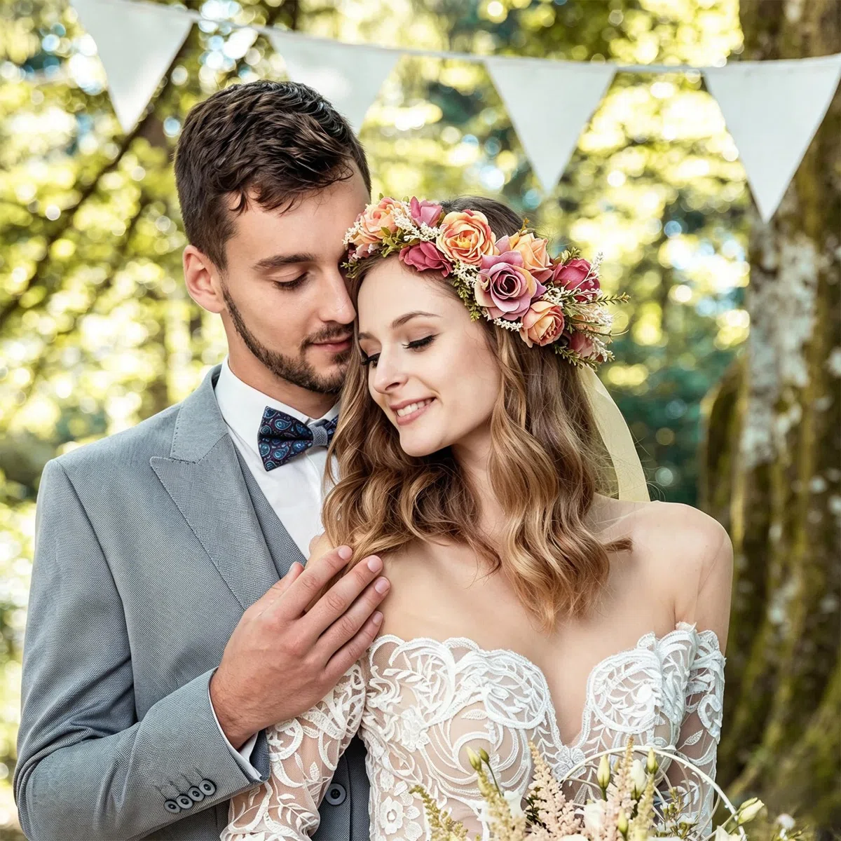 TZEKING Ghirlanda di Fiori e Bracciale Set, Corona di Fiori per Capelli con Fascia Regolabile, Coroncina per Sposa e Damigella, Adatto per Adulti e Bambini, per Matrimonio, Festa, Festival, Spiaggia
