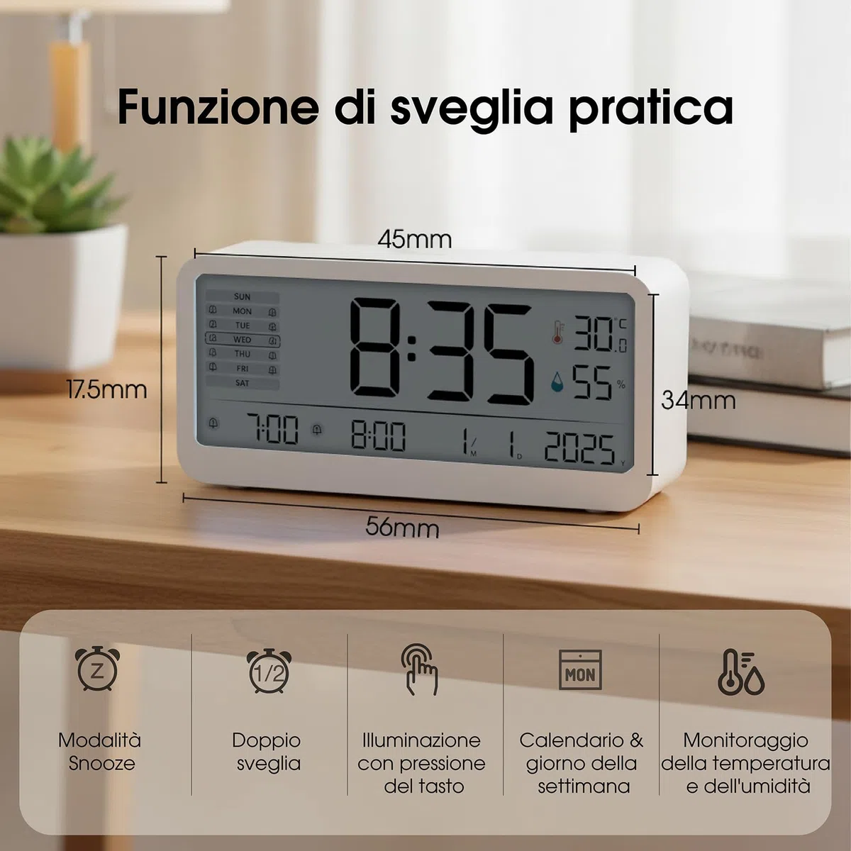 Sveglia Digitale LCD con Sensore di Temperatura e Umidità, Doppio Allarme con Funzione Snooze, Grande Schermo LCD con Retroilluminazione Regolabile, Orologio da Comodino con Visualizzazione della Data