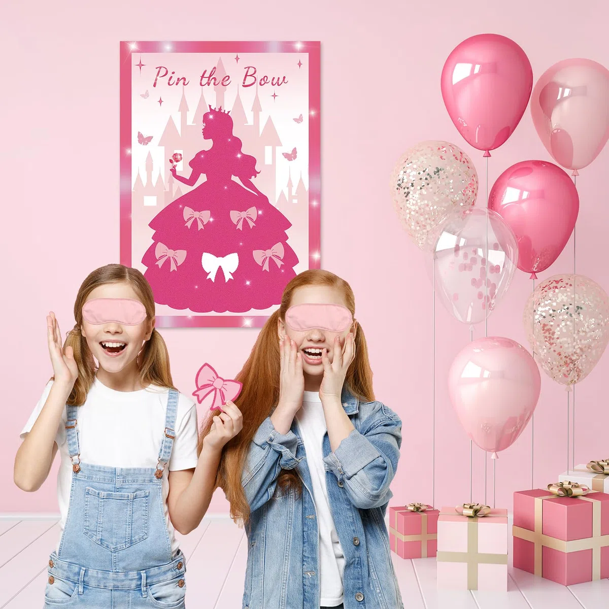Pin the Bow - Gioco per feste per ragazze e ragazze, poster rosa con 24 adesivi con fiocco, decorazioni per feste di compleanno per bambini, poster A2, 24 giocatori