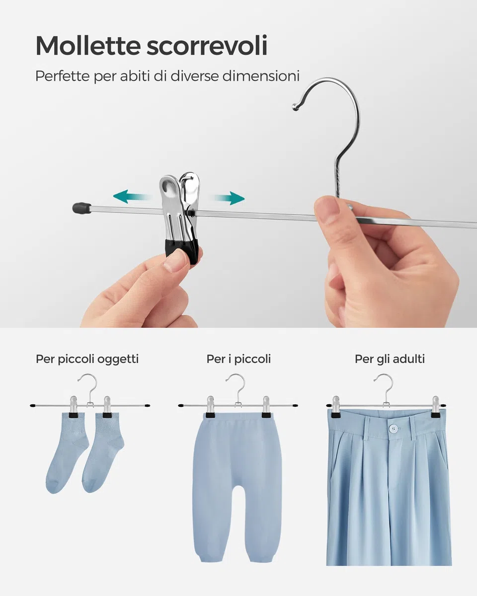 SONGMICS Grucce Pantaloni in Metallo, 20 Pezzi, Grucce Appendiabiti con Pinze per Gonne Calze, Lunghezza 31 cm, Capacità di Carico Elevata, Cromato, Argento Metallizzato e Nero Inchiostro CRI003-20