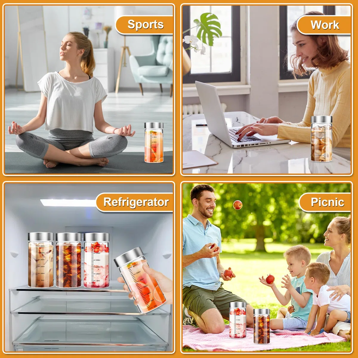 4 Bottiglie di Vetro da 300 ml con Coperchio in Acciaio Inox,Riutilizzabile,Senza BPA,per Succhi, Frullati, Caffè, Latte, Tè, Latte Vegetale e Altro Ancora
