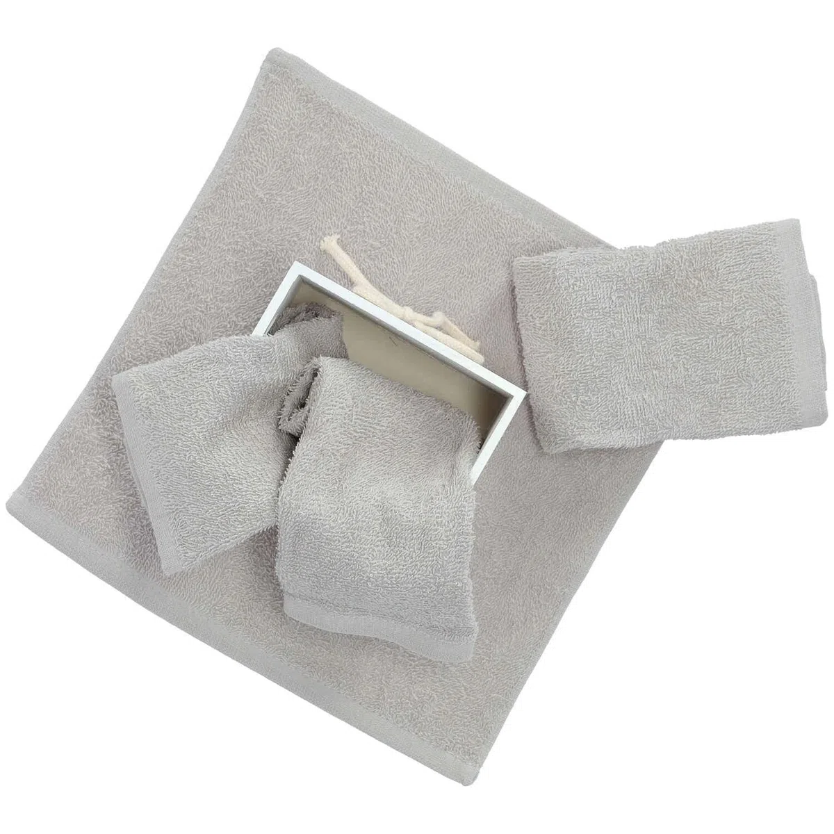 Set 4 Lavette Bagno con Cestino in Legno Bruges Asciugamani Piccoli Ospiti con Cestino. - Bianco