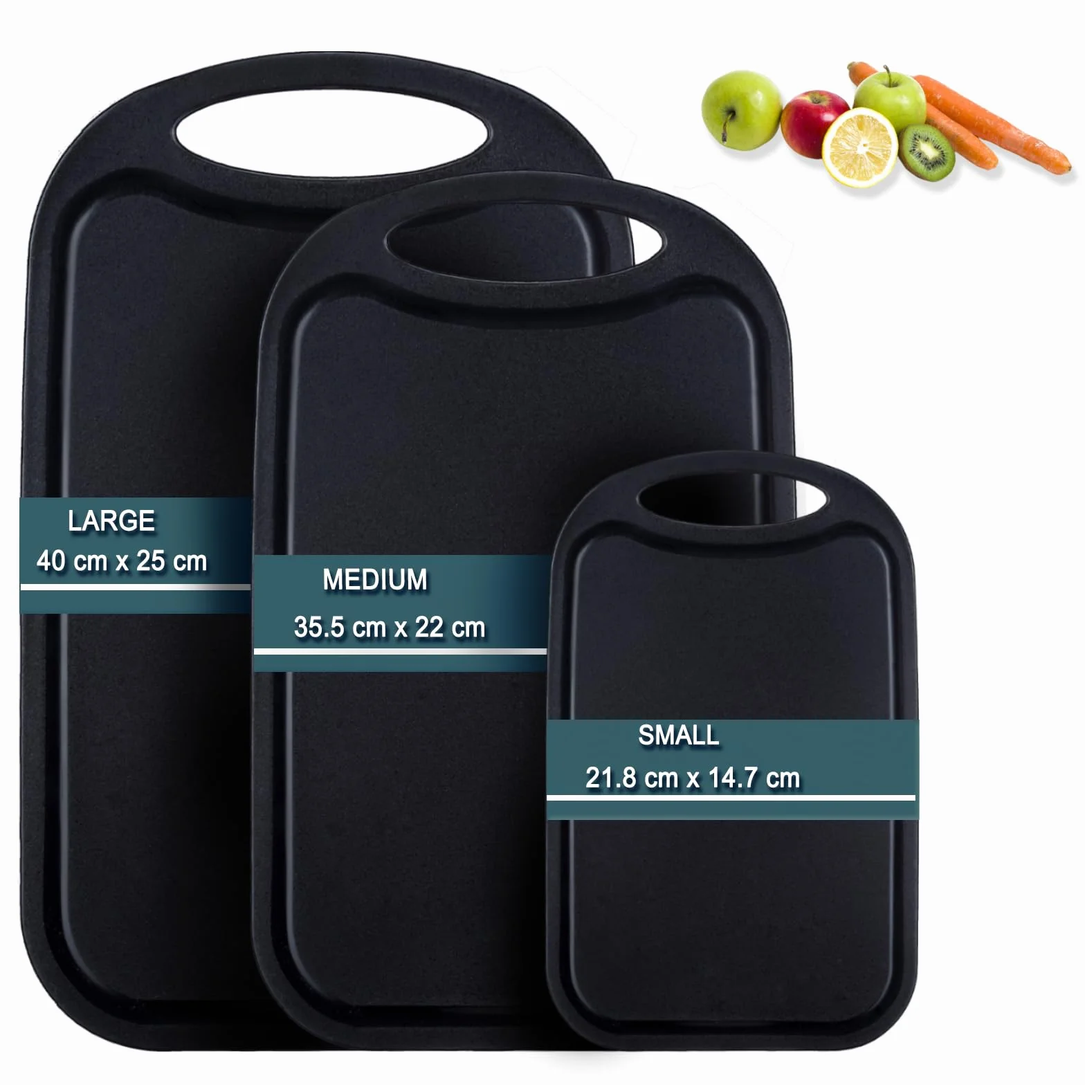 Tagliere da cucina, Hunnycook Set di 3 Tagliere con scanalature per il succo e manici antiscivolo, senza BPA, lavabili in lavastoviglie (nero)