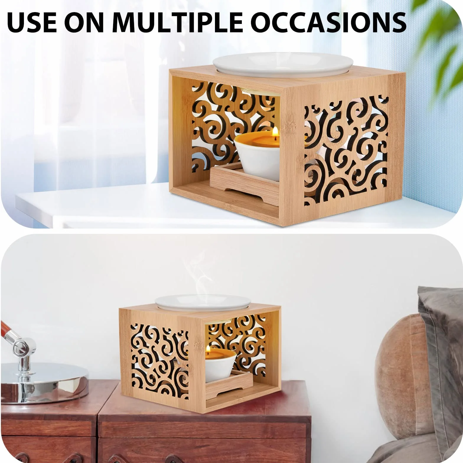 Lampada aromatica di bambù, lampada aromatica in ceramica, bruciatore di olio essenziale, cera fusa, lampada aromatica con portacandele decorativo, diffusore di aromi per la casa, ufficio,