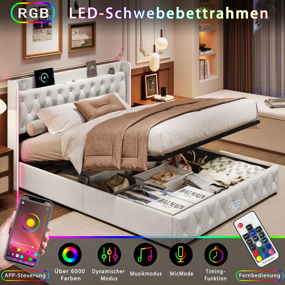 BRILVERDE Letto Imbottito 160x200 con Contenitore Idraulico, Letto Matrimoniale a LED con USB, Funzionale con testiera, Struttura Letto con Rete a doghe, in Velluto (Beige, 160 x 200 cm)