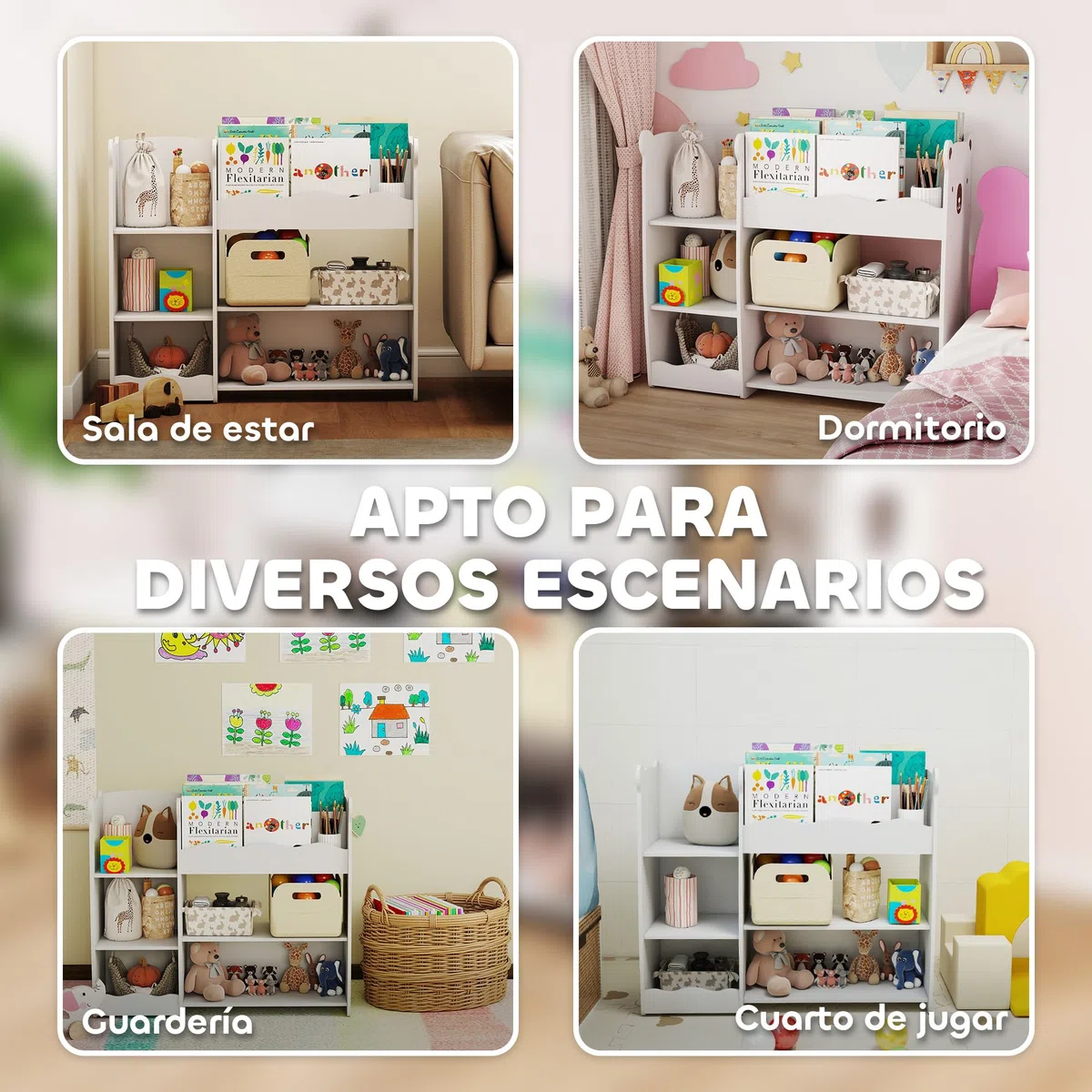 AIYAPLAY Scaffale per giocattoli per bambini con ripiani aperti, scomparti, design con orsacchiotti, organizer per giocattoli per camera da letto, sala giochi, asilo nido, bianco