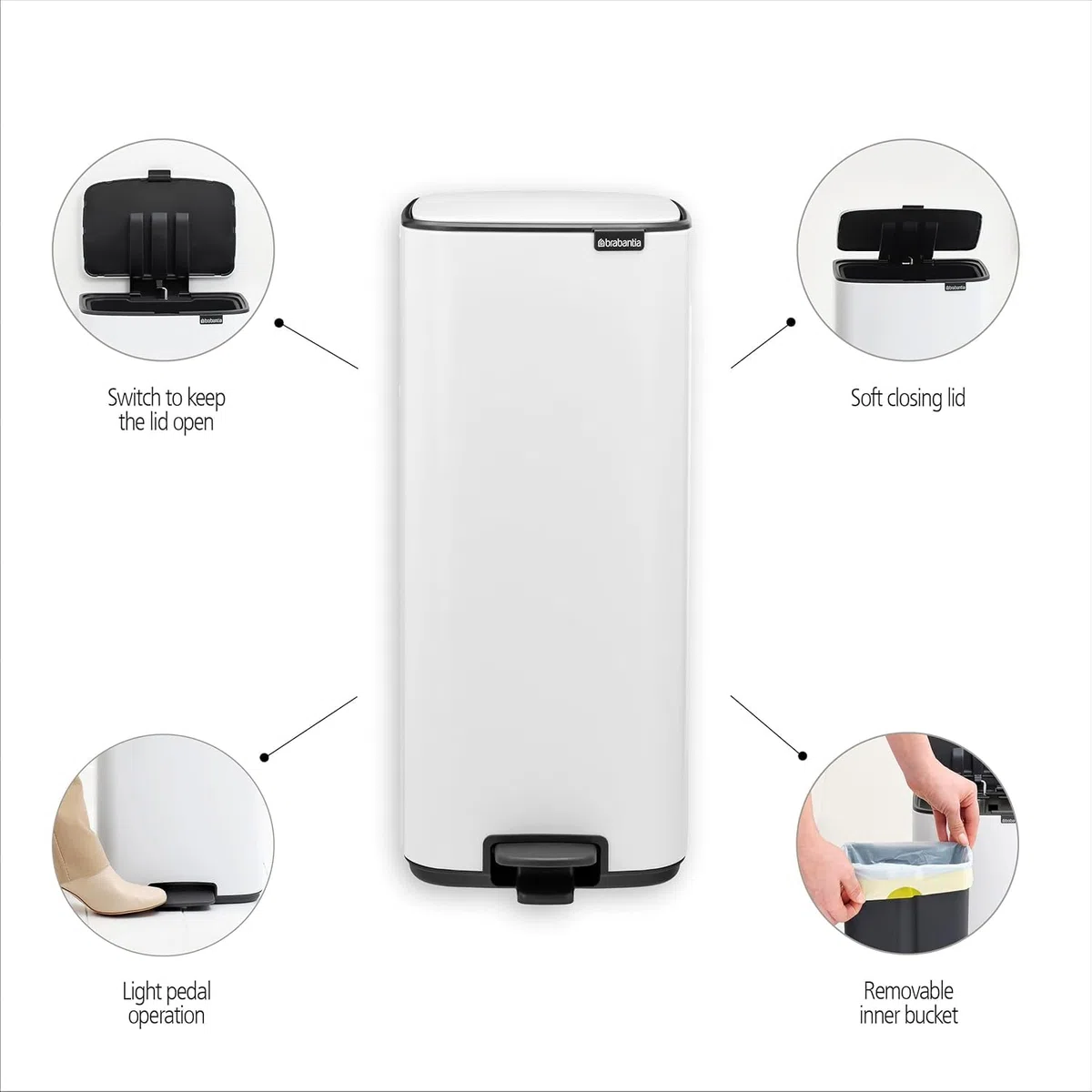 Brabantia Pattumiera a pedale Bo 30L (Matt Black), Pattumiera con pedale e coperchio a chiusura soft, Secchio spazzatura facile da pulire con secchio interno rimovibile e sacchetti PerfectFit inclusi