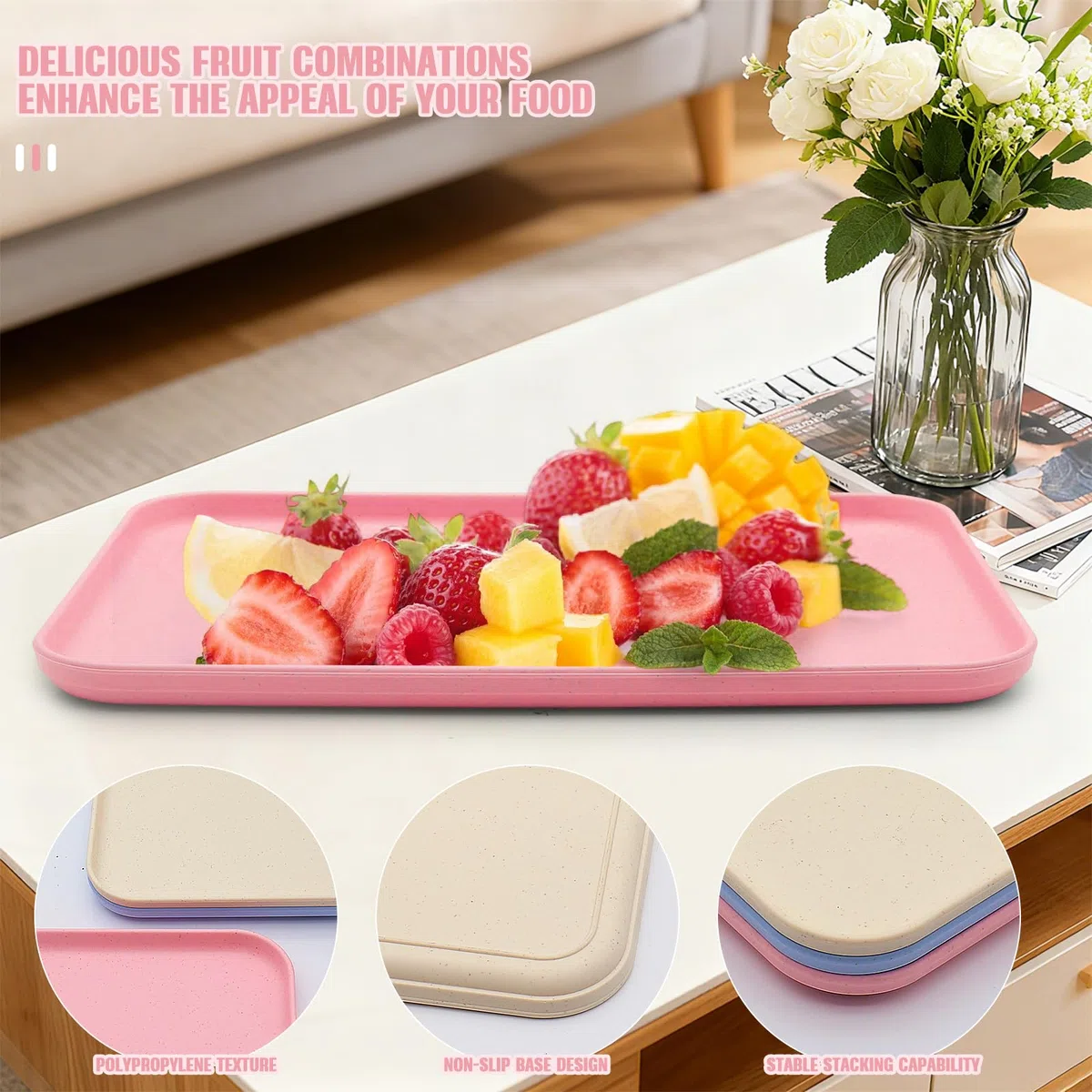 Confezione da 4 vassoi rettangolari in plastica per cucina, bevande, snack, tè, caffè, colazione, leggeri e resistenti (rosa)