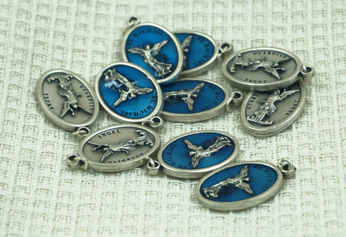 lazzaro italy Medaglietta San Michele Arcangelo e Angelo custode placcata argento - 10 medaglie blu