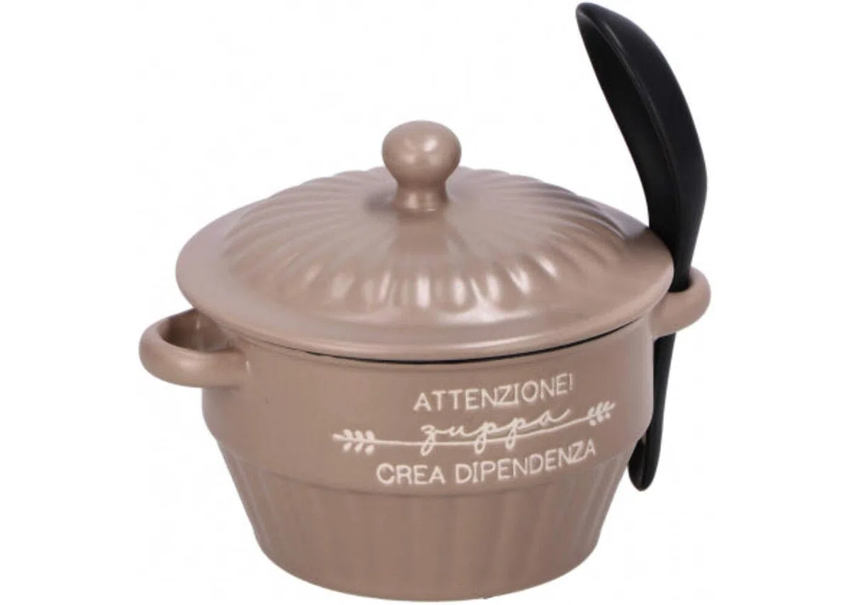 1 Pezzo Zuppiera da Portata in Ceramica con Coperchio e Cucchiaino 450 ml 3 Colori