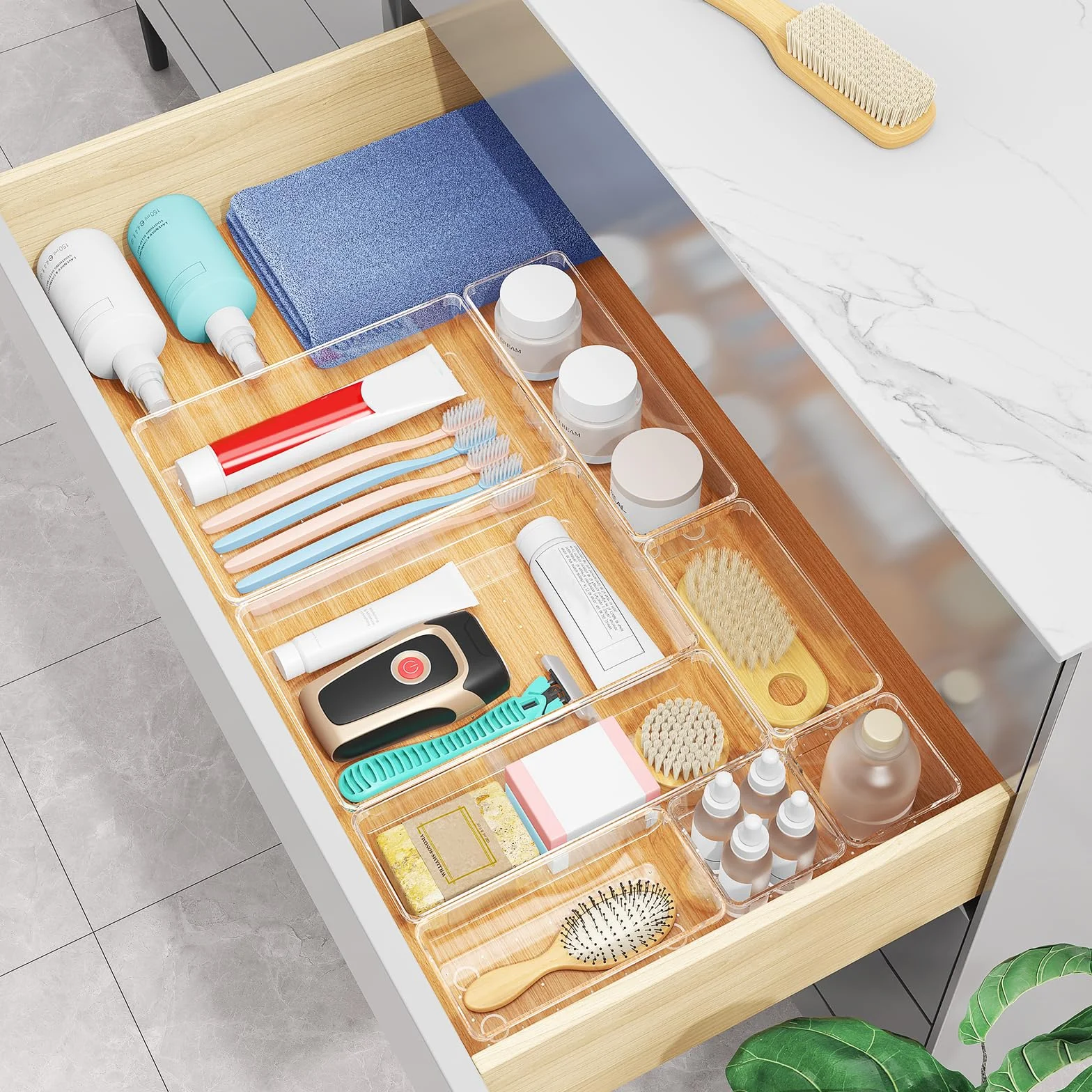Radikor Organizer Cassetti 16 Pezzi, Contenitori per cassetti in Plastica Trasparente di 4 Dimensioni, Divisori per Cassetti Impilabili per Bagno, Cucina, Trucchi