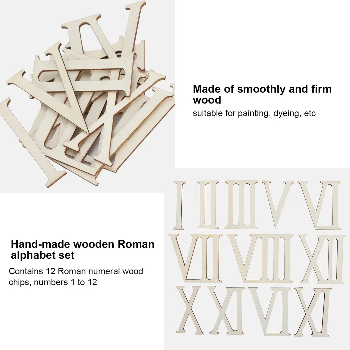 Numeri romani in legno, 12 pezzi Lettere in legno non finite Numeri romani Forme Fette di legno Numeri di orologio fai-da-te Decorazione artigianale 7CM