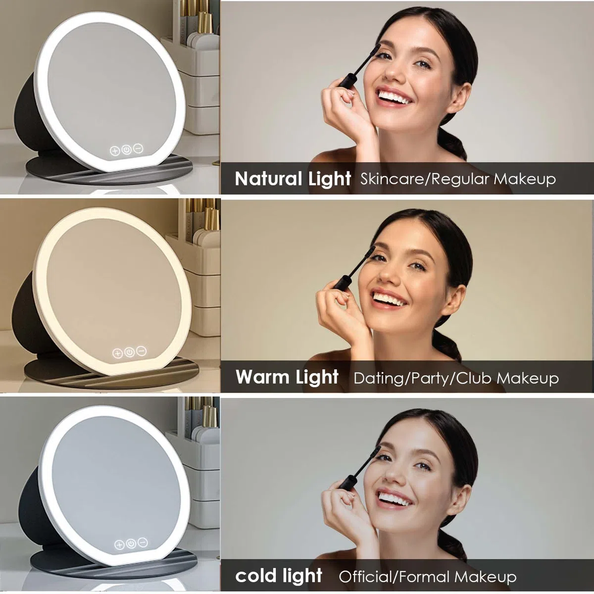 Specchio Trucco con Luci a 3 Colori, Specchio Trucco Pieghevole Portatile, Specchi Ricaricabile con Luce, Specchi da scrivania per Viaggio, 3 Modalità di Luci Luminosità Regolabile (Rosa)