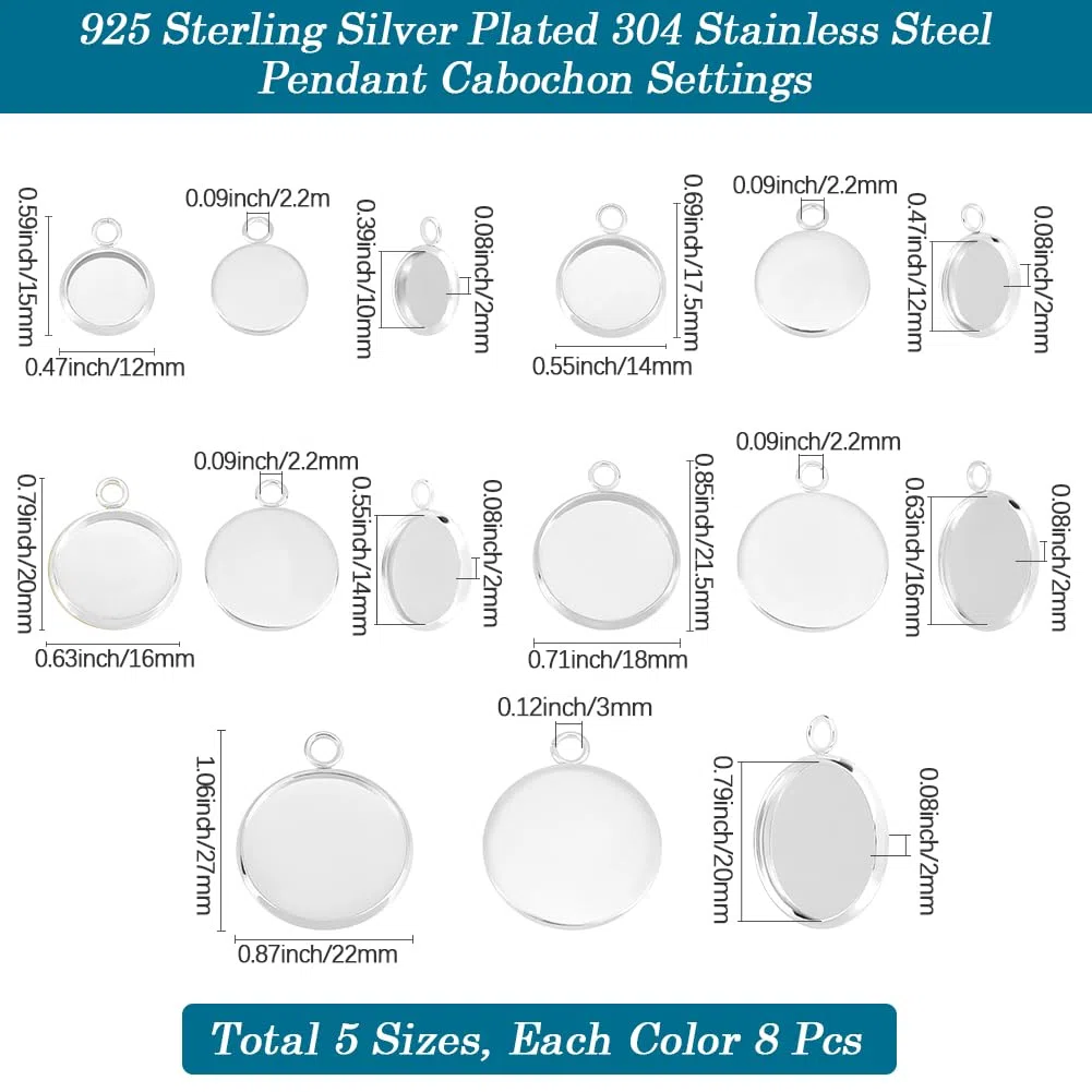 Beebeecraft 40 pezzi 10/12/14/16/20mm Impostazioni Cabochon Vuote 925 argento Sterling Placcato 304 vassoio Castone Vuoto In Acciaio Inossidabile Ciondoli Rotondi Piatti con Anello per La Creazione