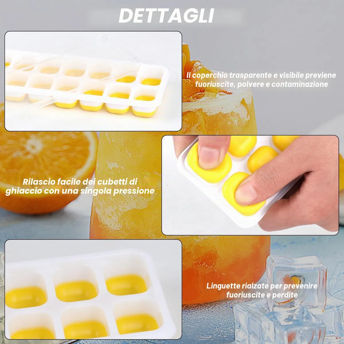 4 vassoi per vassoi per cubetti di ghiaccio in silicone con coperchi, vassoi per cubetti di ghiaccio impilabili senza BPA per cubetti di ghiaccio. Viene fornito con pinze per cubetti di ghiaccio