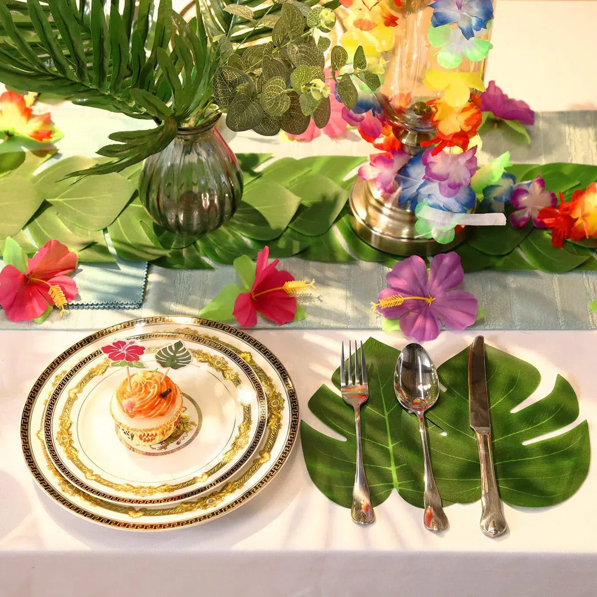 142 Pezzi Gonna Tavolo Hawaiana Gonna da Tavolo Fiori Hawaiani Foglie di Palma Cake Topper Festa Hawaiana,ghirlande Luau banner e Cannucce per Feste Hawaiana,Barbecue Decorazioni da tavola