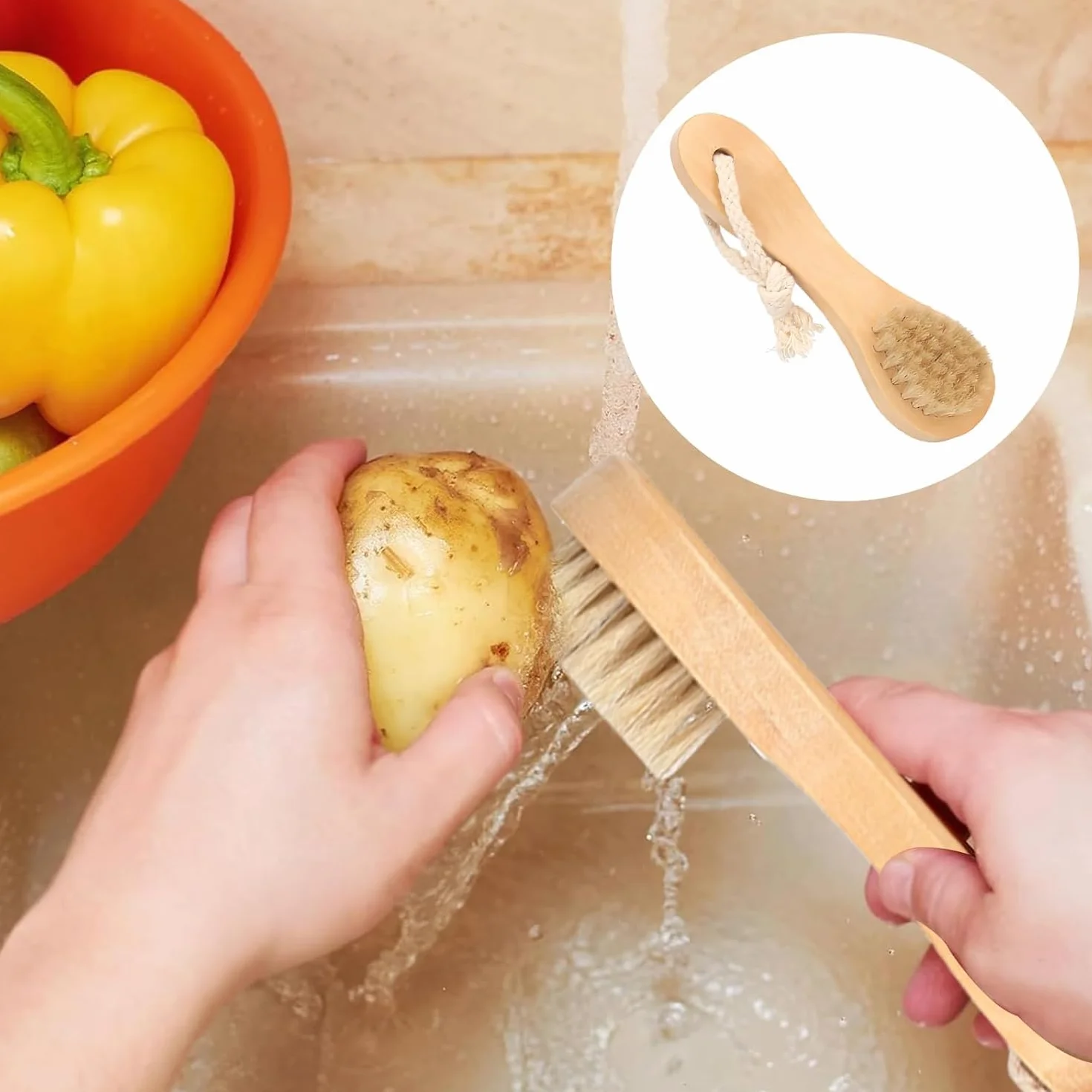 Spazzola per Verdure 5 Pezzi Spazzola per Lavare i Piatti Spazzole da Cucina Spazzola Setole Naturali Maniglia Ergonomica per Pulire Verdure, Frutta E Utensili da Cucina