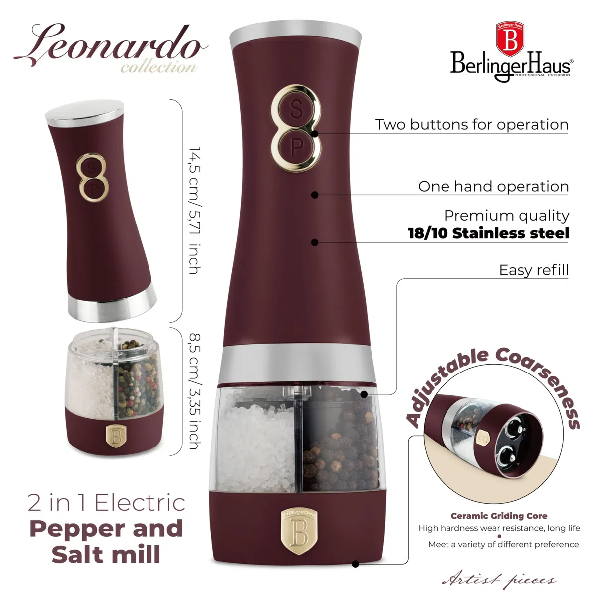 Berlinger Haus Leonardo Collection - Macinapepe elettrico 2 in 1, con macinino in ceramica, 6 batterie AA (non incluse)