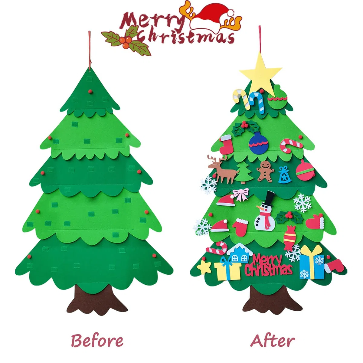 LUOHONG Albero Natale Feltro per Bambini, 32 Ornamenti Staccabili Regali di Natale di Nuovo Anno per Bambini, Decorazioni Natale per Pareti di Porte