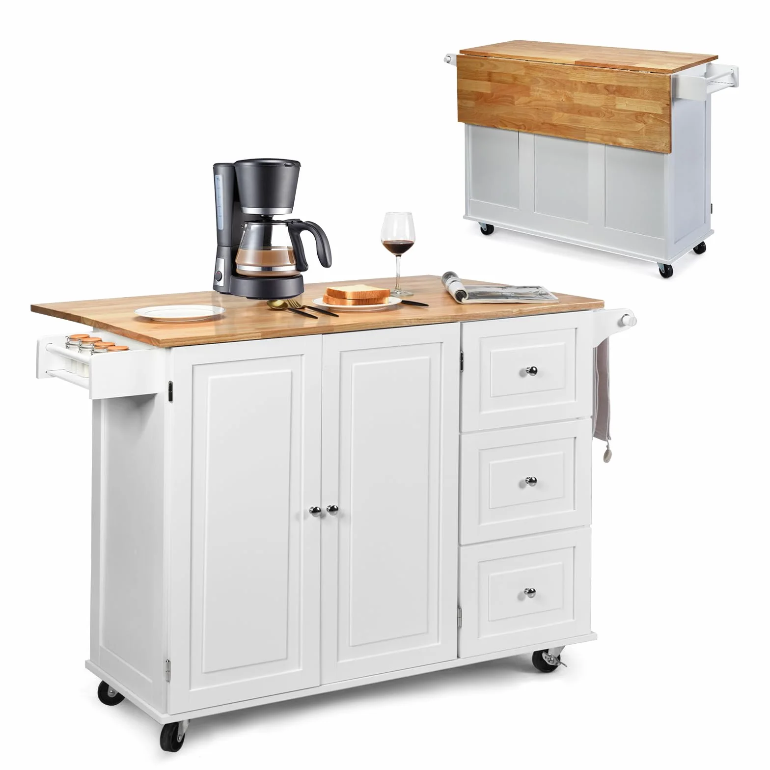 KOMFOTTEU Carrello da Cucina con Pannello Pieghevole Portato fino a 50 kg, Isola da Cucina 43x136x91cm, Carrello Portaoggetti in Legno con Ruote, Multifunzione e Grande, Nero (Bianco)