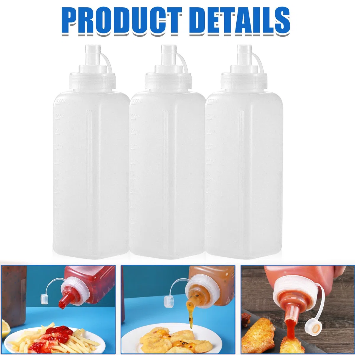 BAIFULAI 3 bottiglie da spremere, 1000 ml, in plastica, con cappuccio, dosatore, trasparente, senza perdite, per pittura, ketchup, salsa piccante, olio d'oliva
