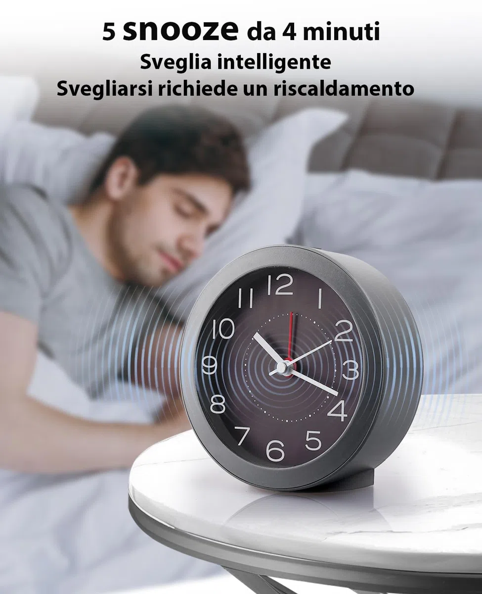 Sveglia Analogica da Comodino Silenziosa Senza Ticchettio, con Funzione Snooze e Quadrante Luminoso, Alimentazione a Batterie (Include 2 AA), Design Compatto per Camera da Letto, Viaggi e Ufficio