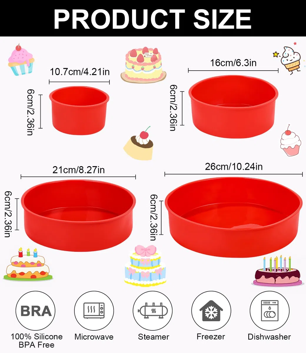 Stampi in Silicone per Dolci, 4 pezzi Antiaderenti E Rilascio Rapido Silicone Torta Stampo, Tortiera Rotonda Riutilizzabile per Torta a Strati, Torta Al Formaggio, Torta Arcobaleno(10.7/16/21/26cm)