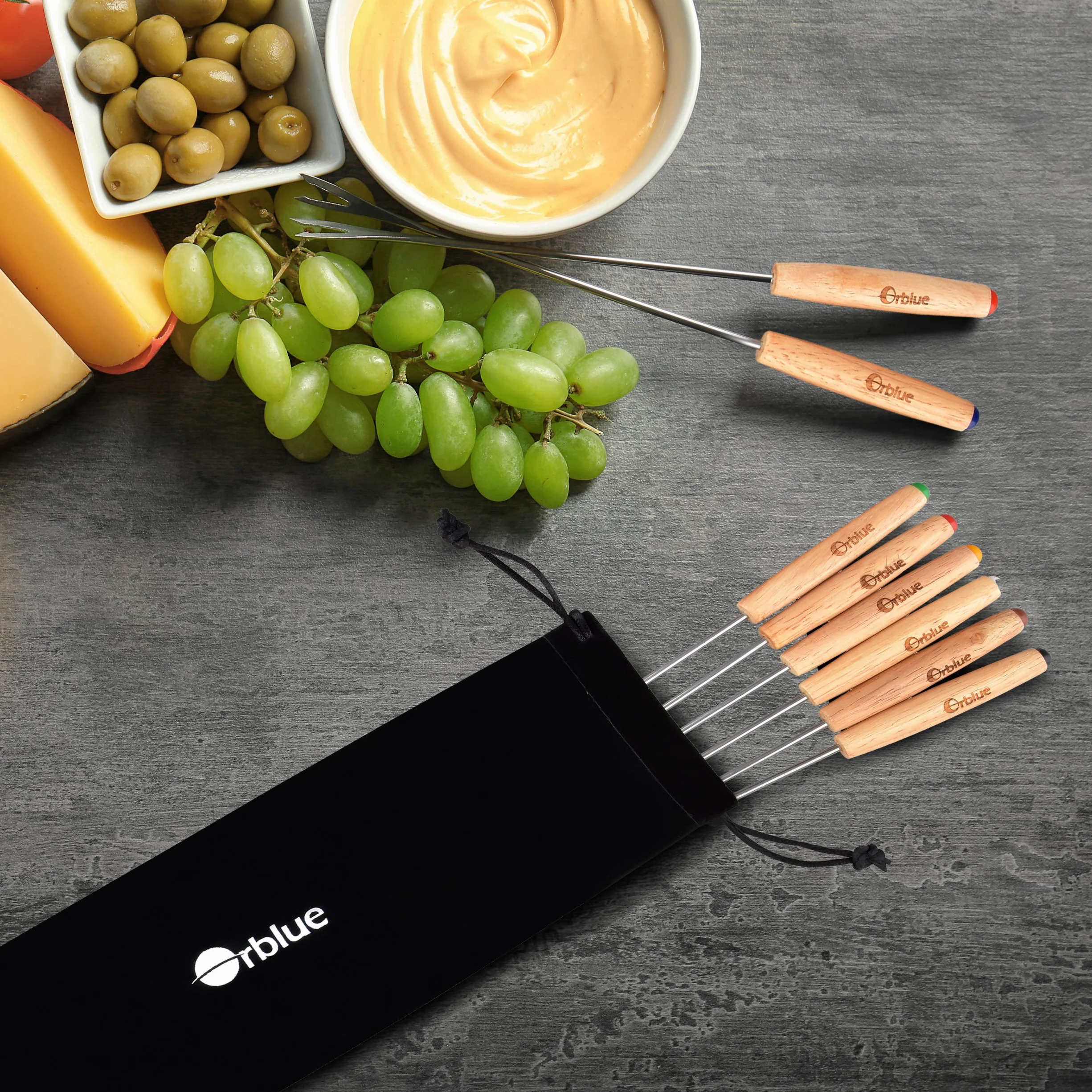 ORBLUE Set 8 Forchette Fonduta Bourguignonne, Manico Legno, Colori Vari - L'ideale per le tue Cene Conviviali