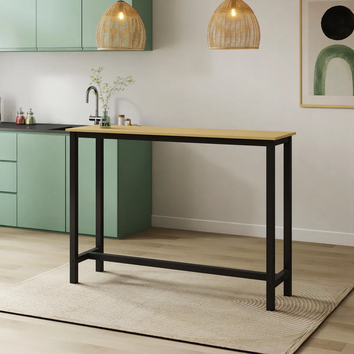 MB Muebles Bonitos, Tavolo Alto da bar Ani, Barra da cucina in Stile Minimalista con Gambe in Metallo, Melamina Opaca, Nero e Sonoma, 140x100x40 cm