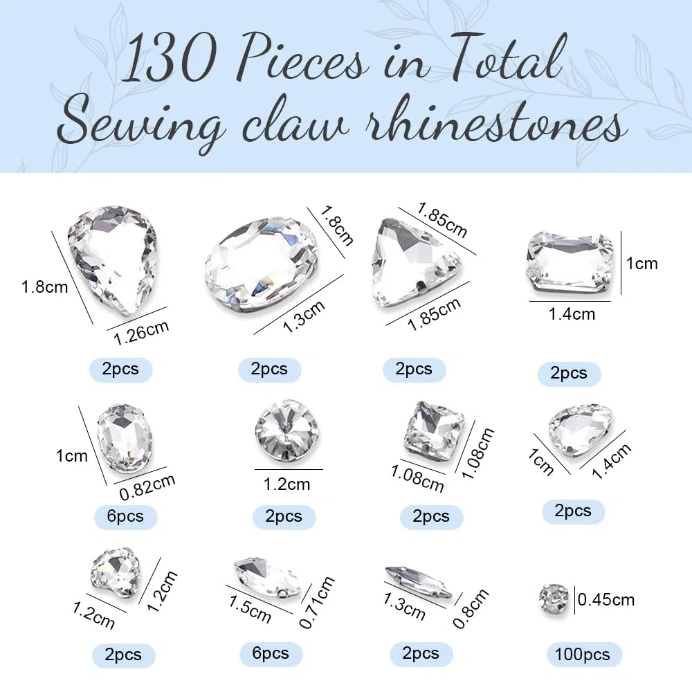 130 Pezzi Pietre Strass da Cucire Su Tessuti,Strass per Scarpe Decorazioni,Passamaneria con Strass per Abbigliamento,Brillantini Vestiti Accessori per Fai Da Te,Abito da Sposa,Gioielli,Borse