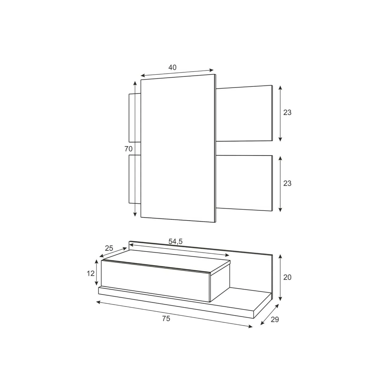 Dmora Mobile da Ingresso con cassetto e Specchio, Colore Noce e Bianco Lucido, cm 75 x 90 x 29
