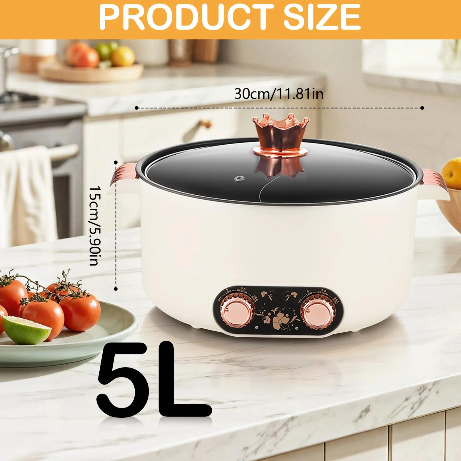 Pentola Elettrica, Pentola per Friggere da 5 Litri con Design a Scomparti Vaporiera Elettrica Antiaderente da 1350 W con 3 Regolazioni di Potenza per Cucinare in Pentola Preparare Zuppe Cucinare Noodl