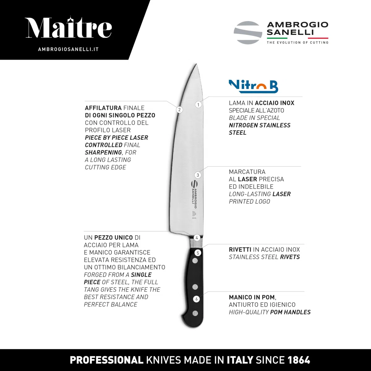 Ambrogio Sanelli, Maitre Coltello da Cucina Trinciante, Coltello Chef con Lama in Acciaio Inox all'Azoto 24 cm e Manico Ergonomico, Coltelli da Cucina Professionali, Made in Italy