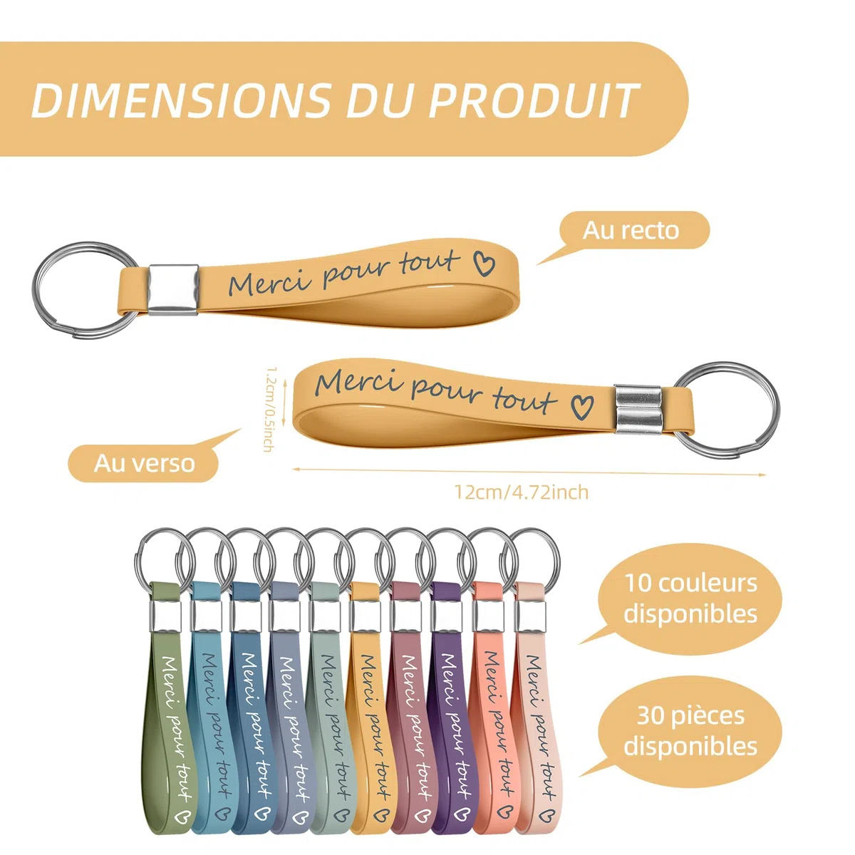 30 portachiavi in silicone con messaggio di ringraziamento francese. Ideale come regalo di ringraziamento o di addio. Adatto per insegnanti, compagni di classe, colleghi, collaboratori, famiglia