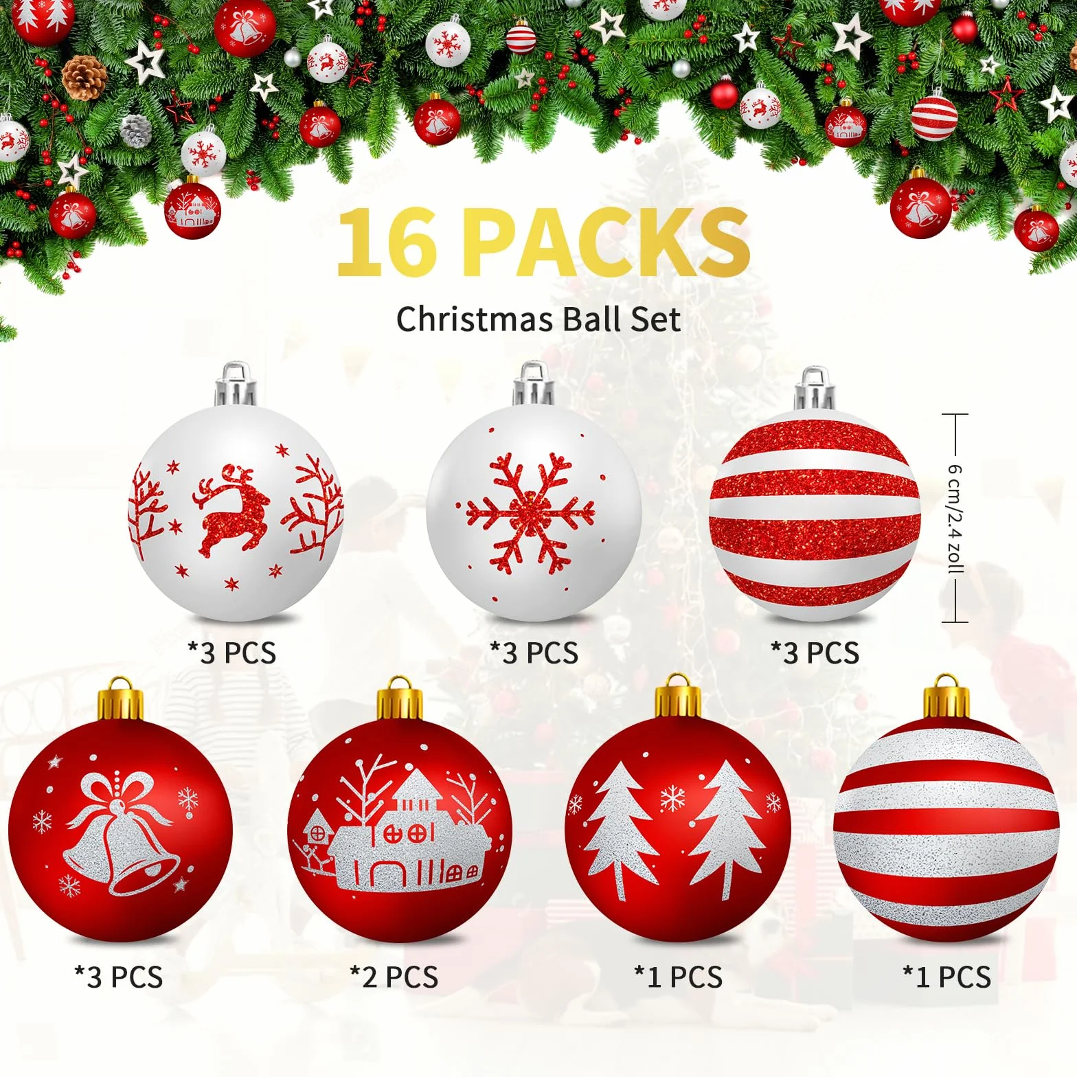 Palline di Natale Bianche e Rosso, 16PCS Decorazioni Albero di Natale, 6cm Palline Plastica con Gancio, Idee Regalo Decorazioni Natalizie per la Casa(7 Tipi Modelli)