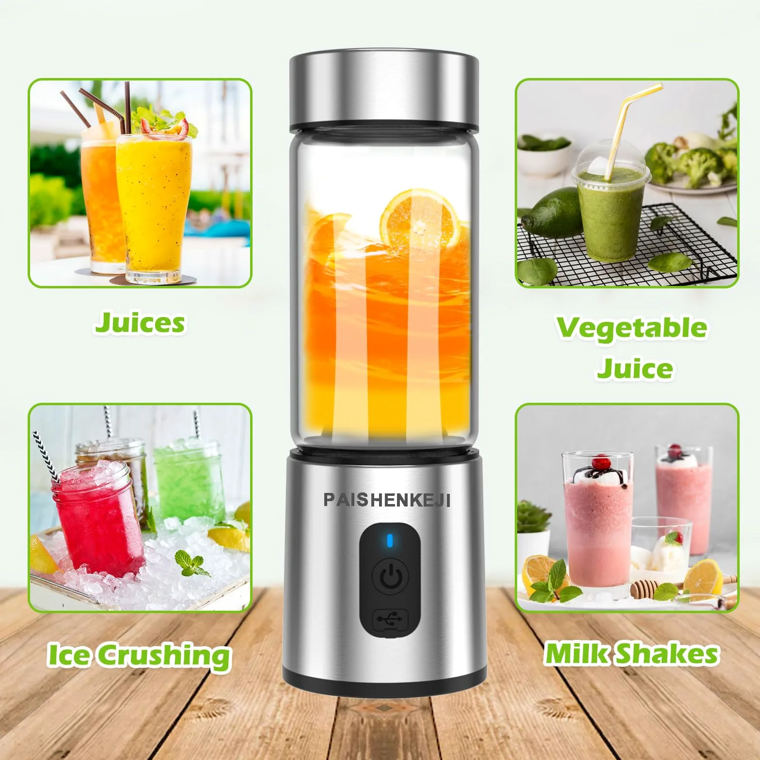 Frullatore portatile in vetro per frullati e frappè: frullatore personale per frullati per tritare ghiaccio e frutta congelata, Mini Blender da 400 ml ideale per frullato di ghiaccio e spremute