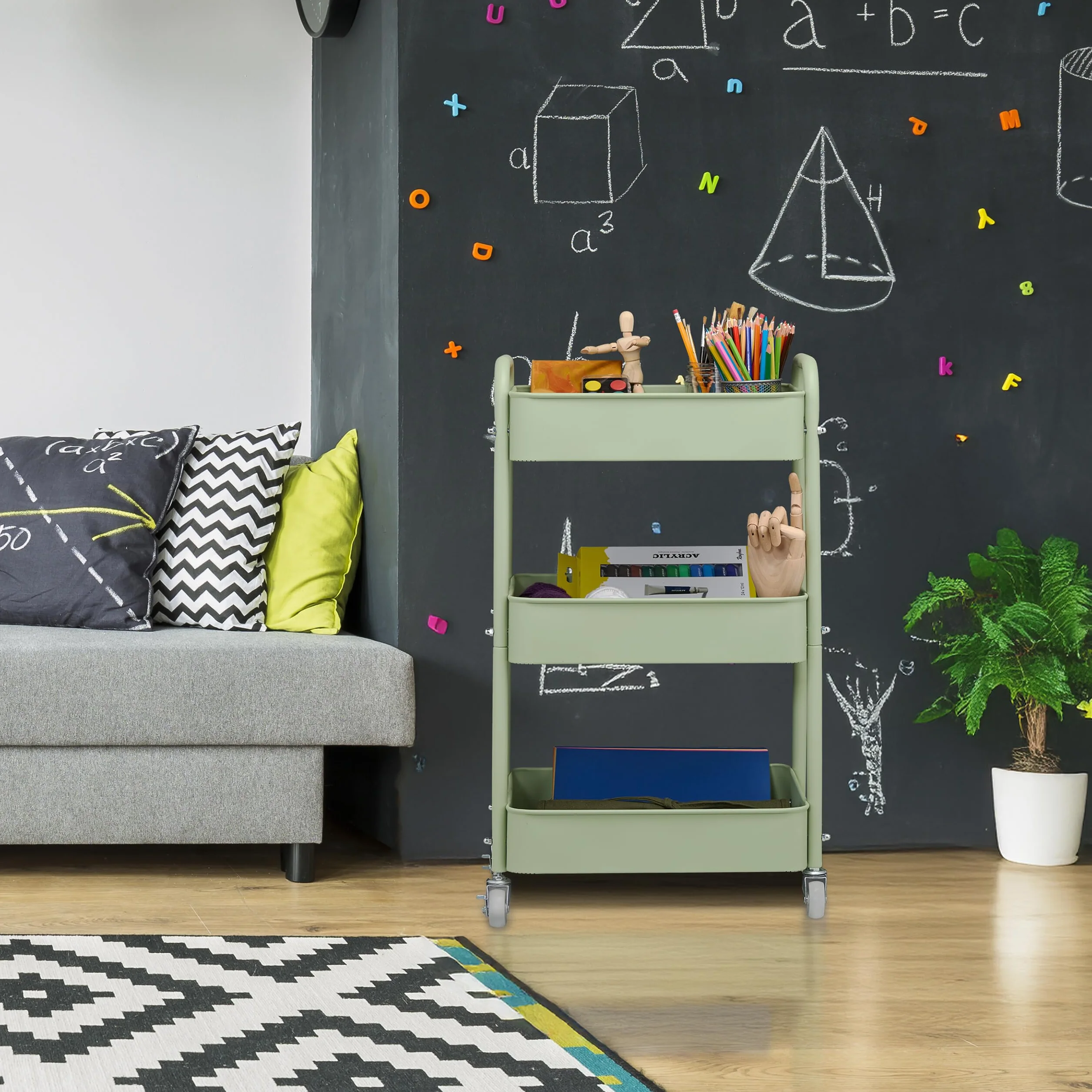 Relaxdays Carrello da Cucina con Ruote, 3 Ripiani, Carrellino Portaoggetti Bagno, Detersivi, 71,5x43,5x29,5 cm, Verde