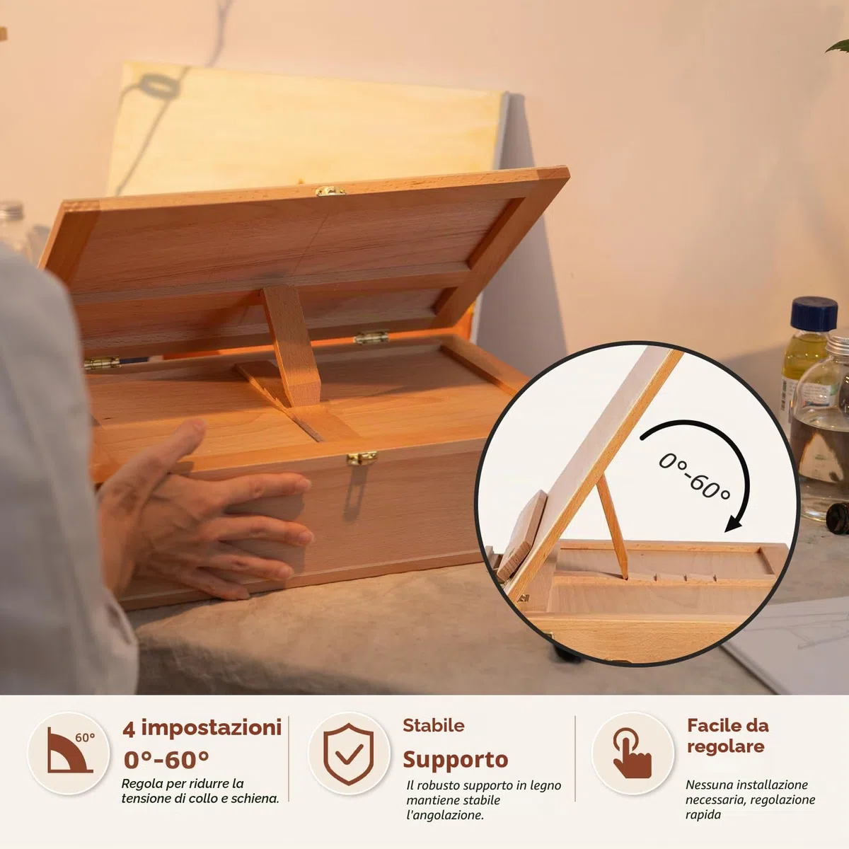 DJAR Cavalletto da tavolo per pittura con 3 cassetti portaoggetti, regolabile e portatile in legno di faggio, Sketchbox da scrivania, supporto per pittura artistica per adulti e studenti