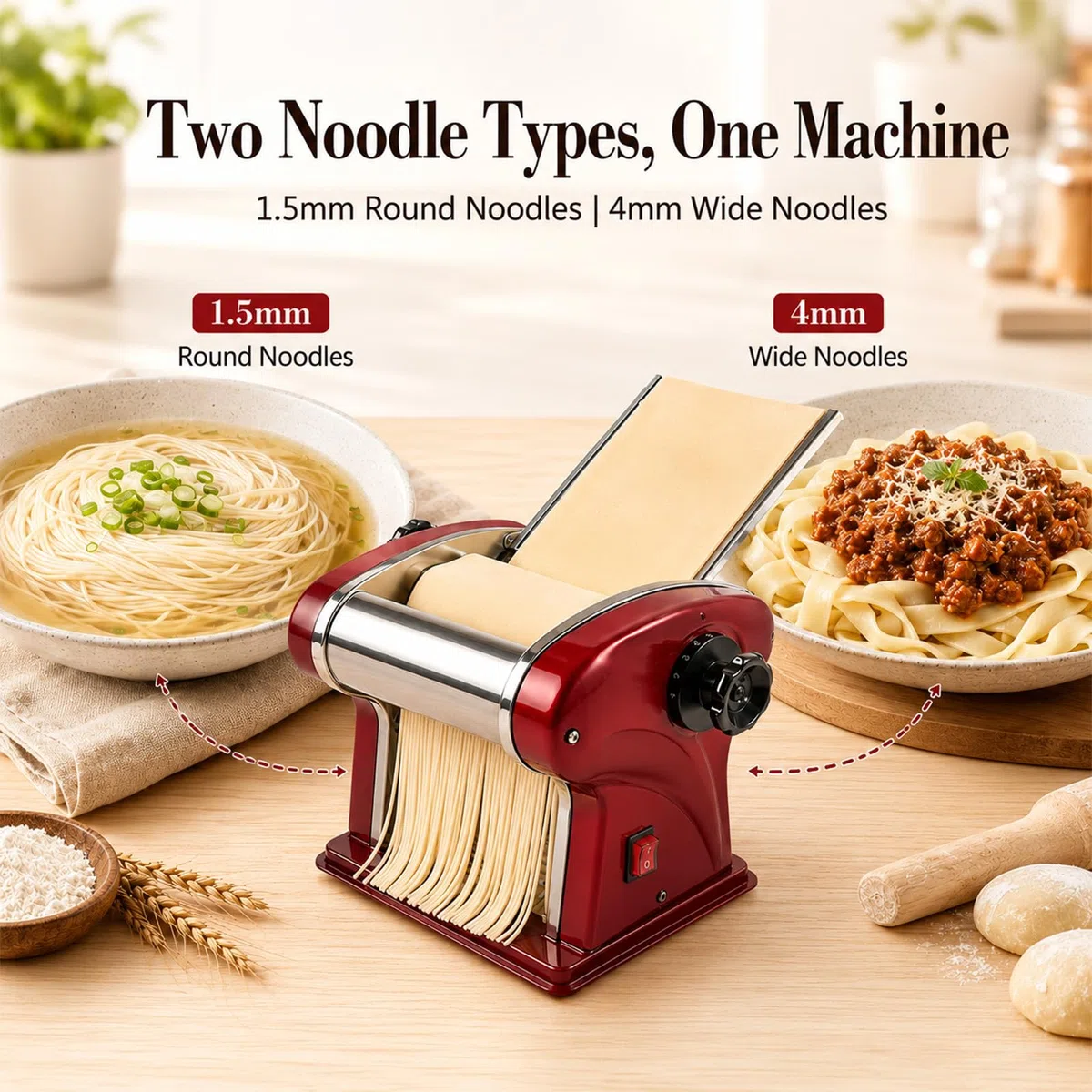 Macchina per Pasta Elettrica SHILINTONG - Macchina per Fare la Pasta Fresca con Doppia Lama in Acciaio Inossidabile - 1.5mm (Tonda) e 4mm (Piatta) - Per Uso Domestico e Commerciale