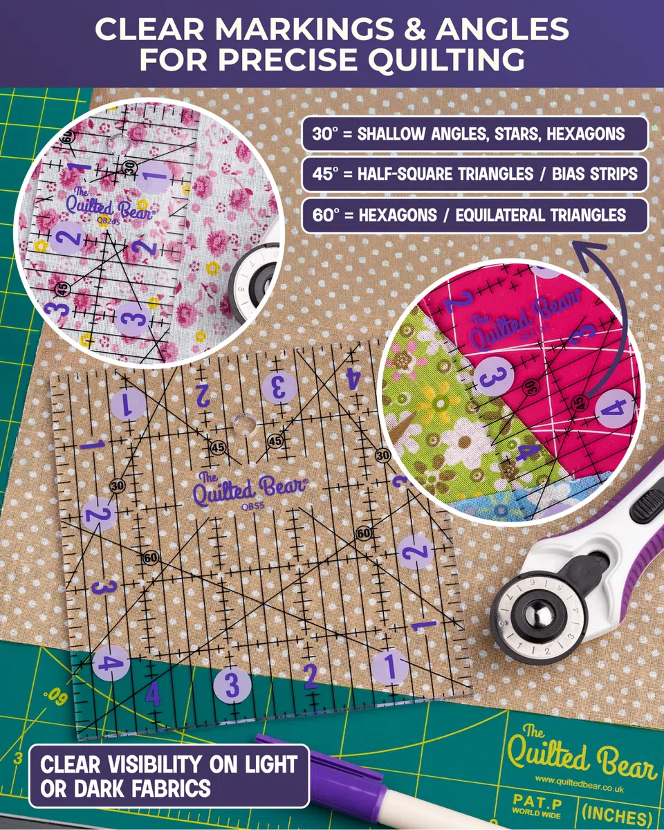 The Quilted Bear - Righello per imbottiture, in acrilico trasparente antiscivolo, per quilting, patchwork e cucito, con linee nere chiare e angoli di 30, 45 e 60 gradi per precisione e accuratezza