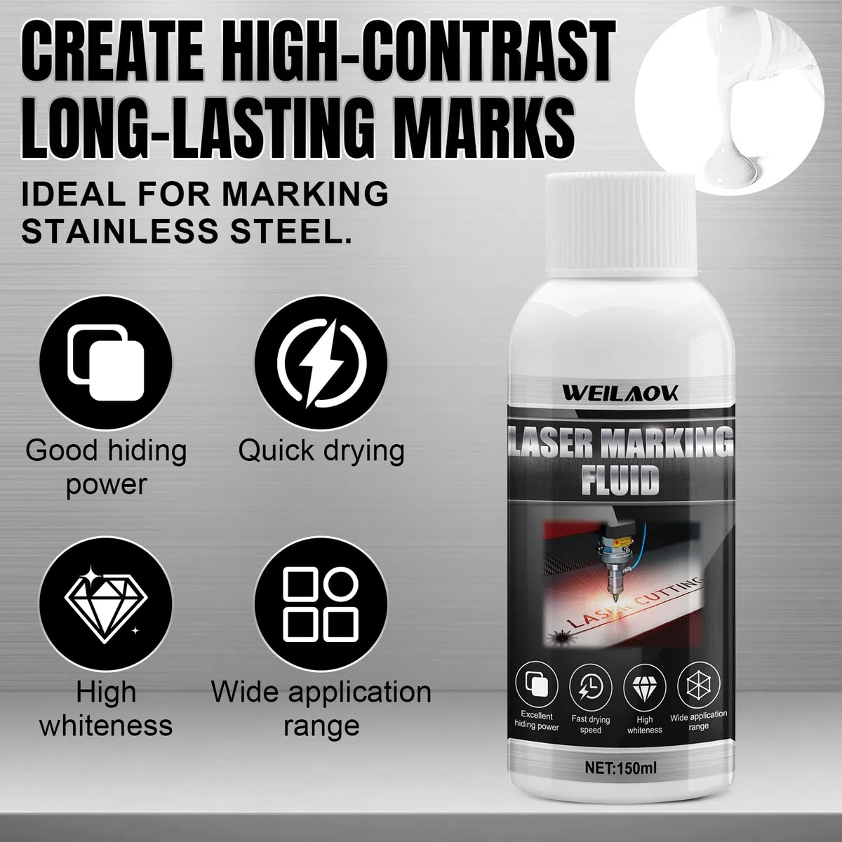 150ml Polvere per Marcatura Laser, Liquido per Marcatura Laser, Fluido per Marcatura Laser per Incisione Laser su Metallo, Gioielli, Vetro, Alluminio e Acciaio Inossidabile, Asciugatura Rapida