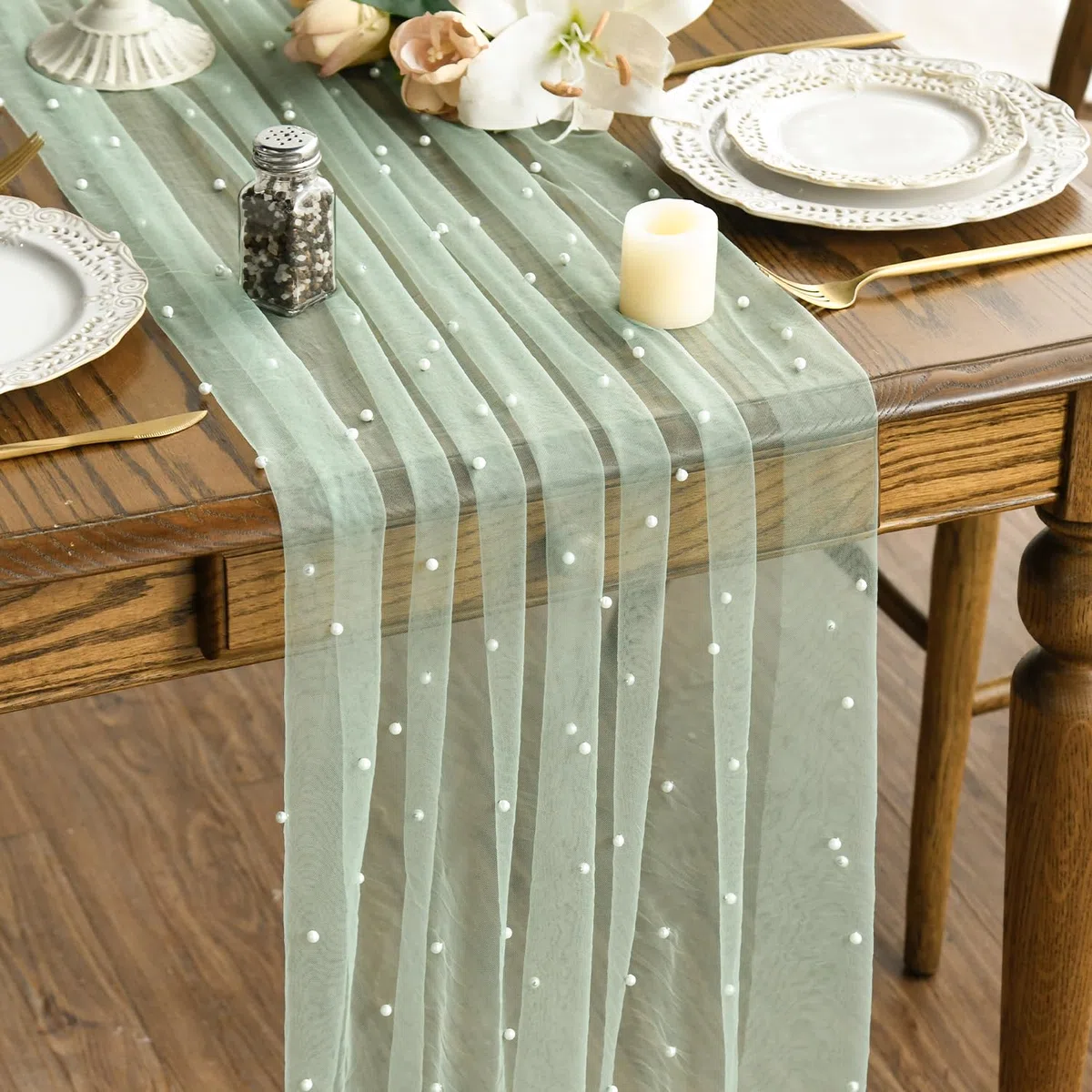 Artoid Mode Runner da tavola in tulle verde erba con perline 70 x 300 cm, decorazione da tavolo in per le vacanze, matrimoni, compleanni, feste